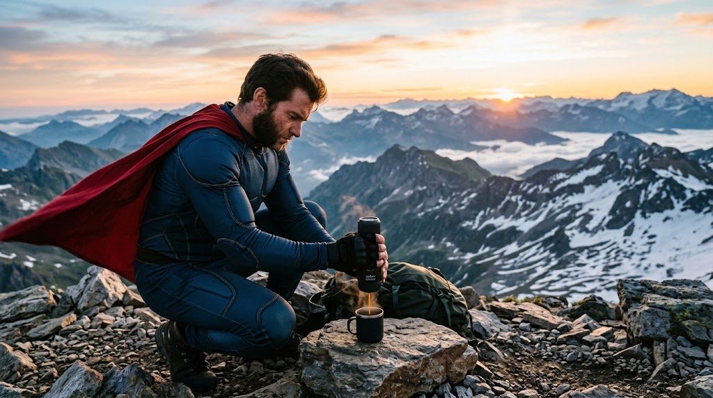 Superhéroe preparando espresso con una cafetera portátil en la montaña
