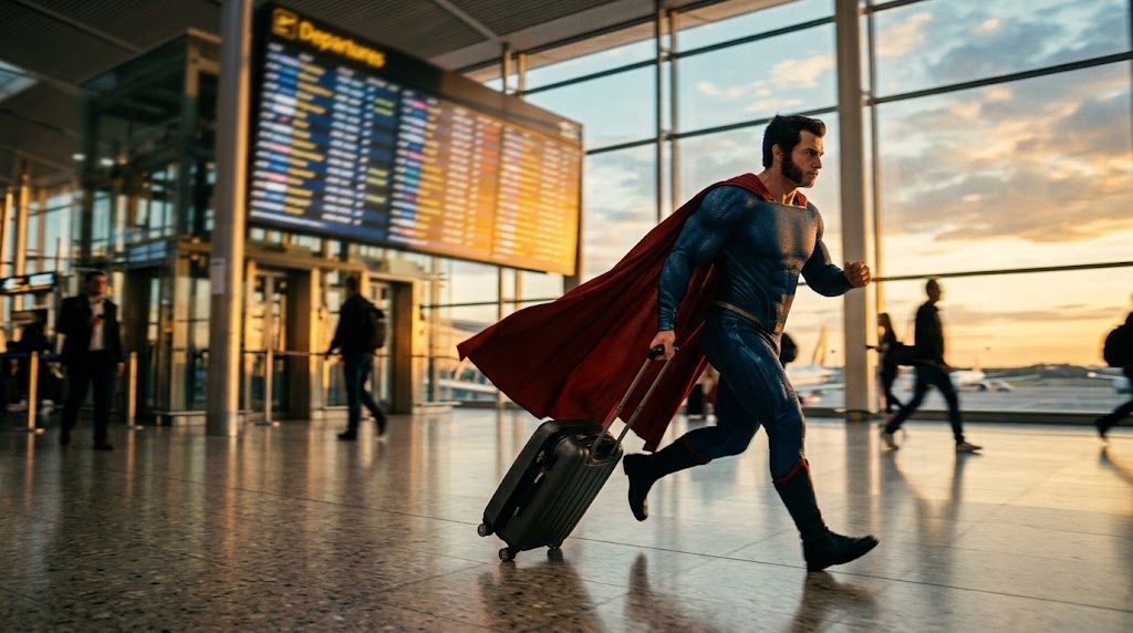 Superhéroe con maleta corriendo por un aeropuerto para cazar un chollo de viaje de última hora