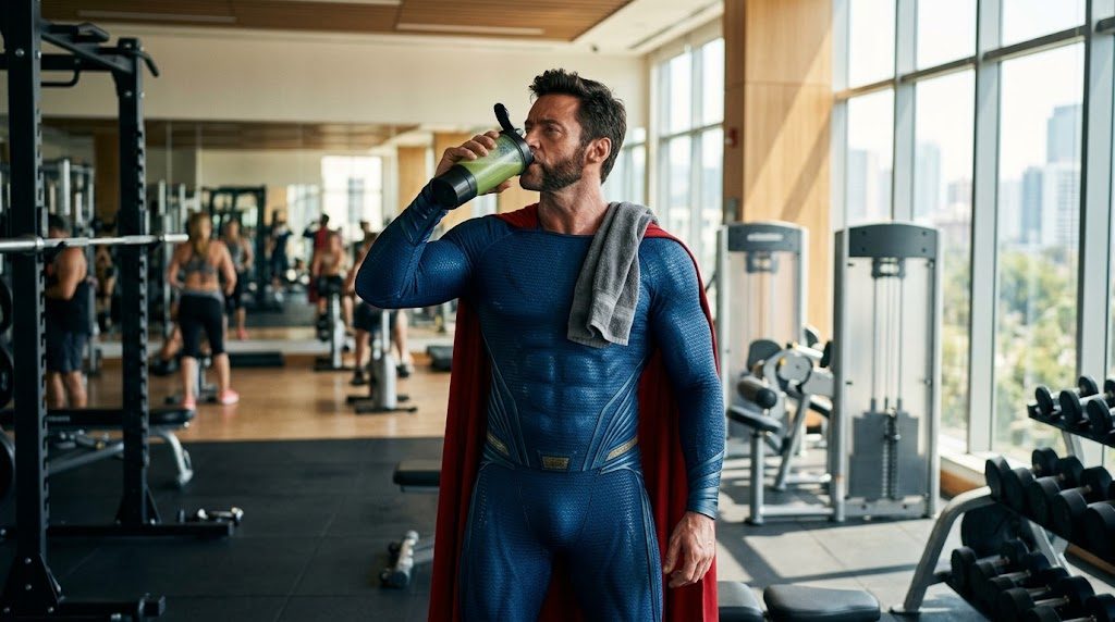 Superhéroe tomando un batido de colágeno con magnesio en el gimnasio