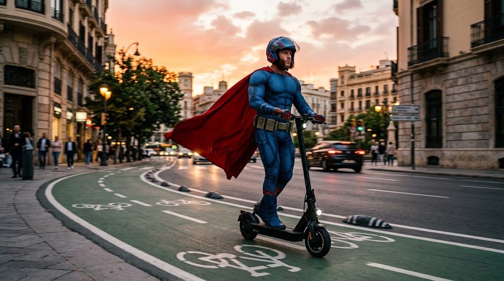 Superhéroe circulando con un patinete eléctrico por un carril bici