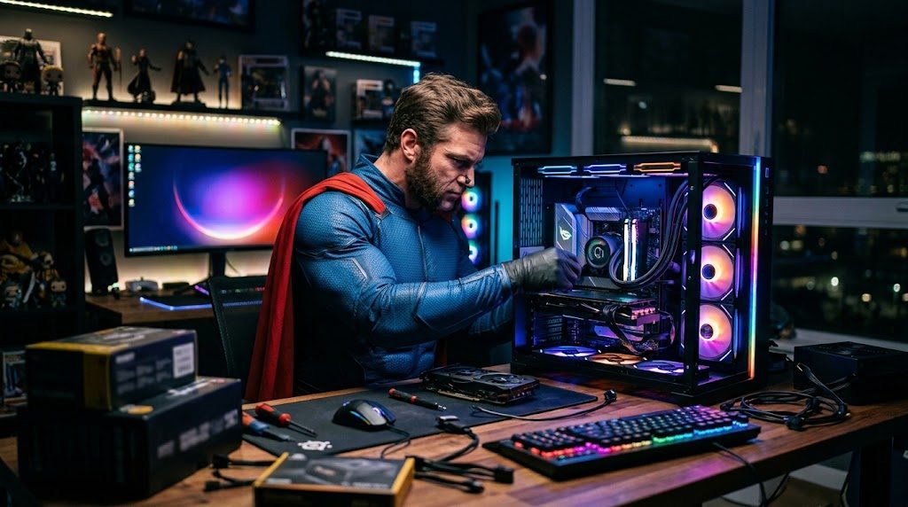 Superhéroe montando un PC gaming barato con componentes