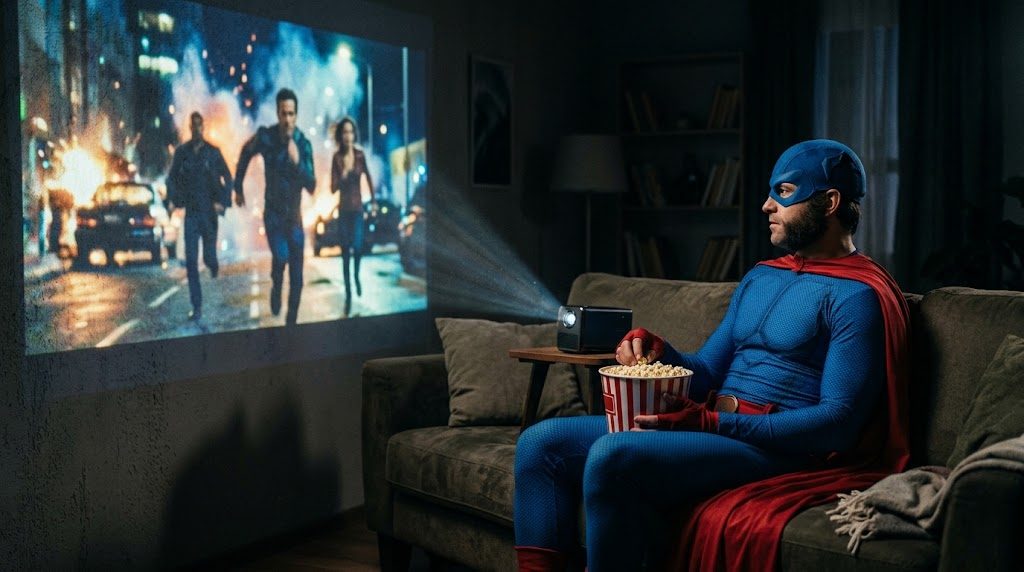 Superhéroe viendo cine en casa con un proyector portátil