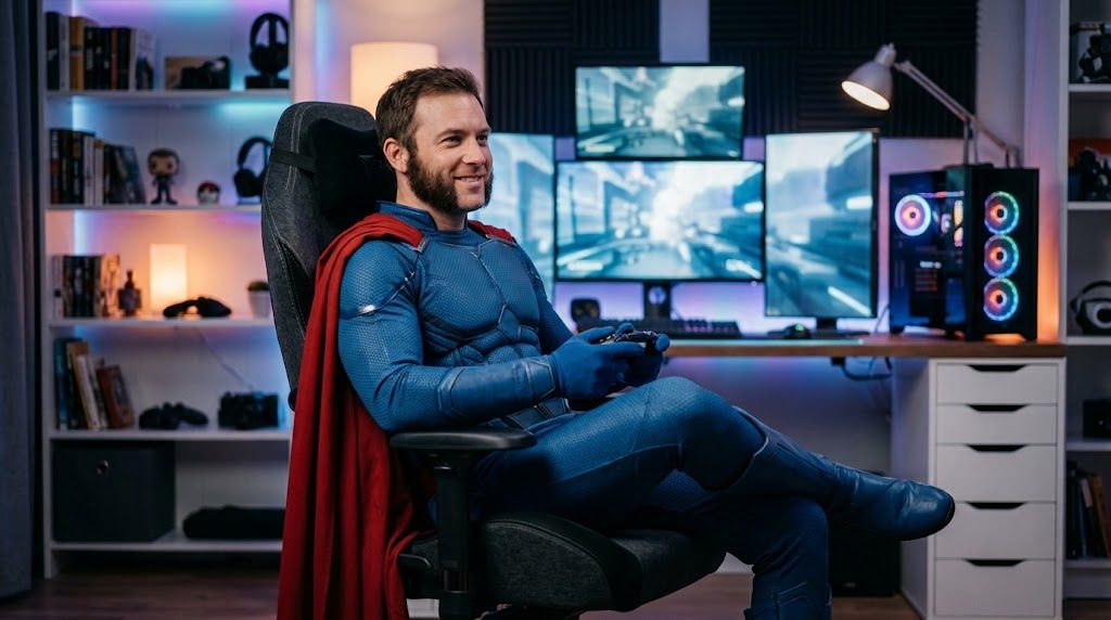 Superhéroe sentado en una silla gaming ergonómica