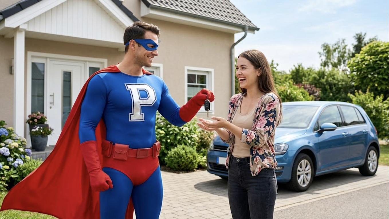 Superhéroe de Patillero con la P en el pecho entregando las llaves de su coche de alquiler