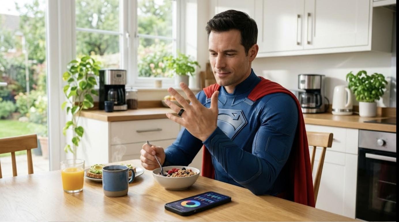 Superhéroe desayunando con un anillo inteligente en el dedo y la app de sueño en el móvil