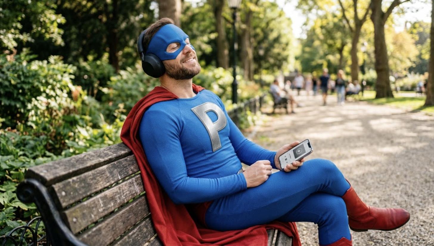 Superhéroe de Patillero con la P en el pecho escuchando un audiolibro gratis con auriculares en un parque