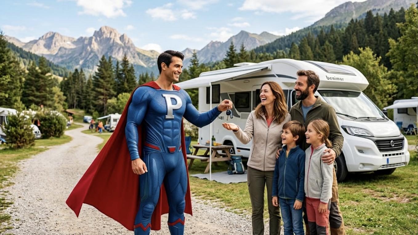 Superhéroe de Patillero con la P en el pecho alquilando su autocaravana a una familia
