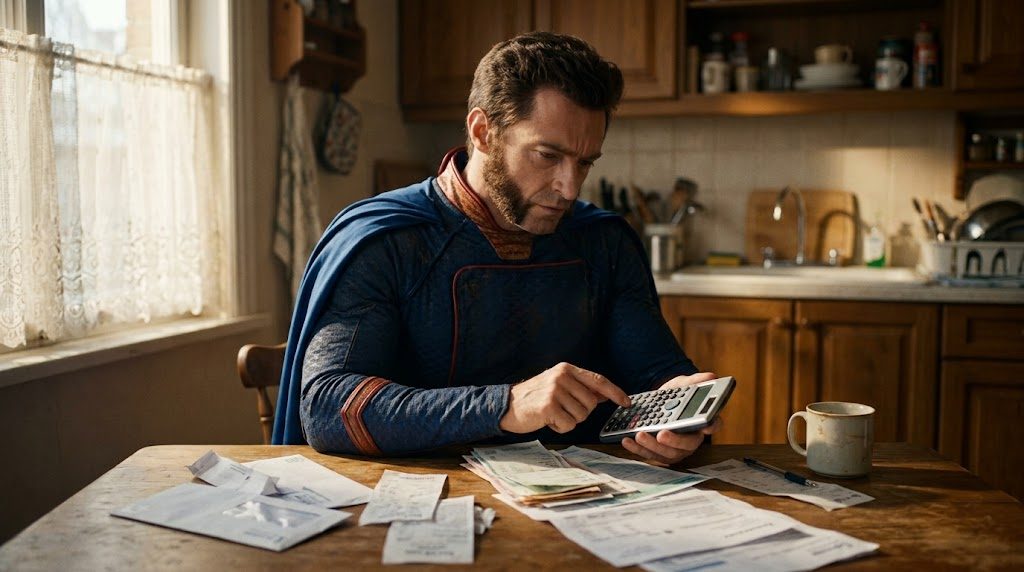 Superhéroe repasando facturas con una calculadora en la cocina
