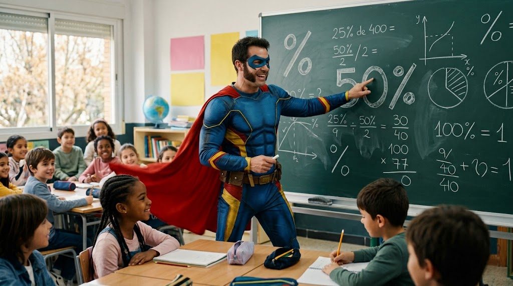 Superhéroe profesor con patillas enseñando porcentajes en una pizarra llena de símbolos de tiza