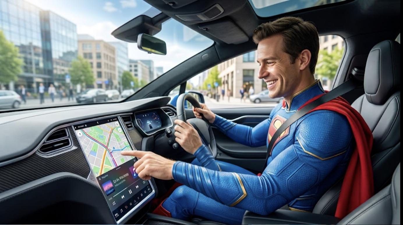 Superhéroe usando CarPlay inalámbrico en la pantalla táctil de un coche moderno