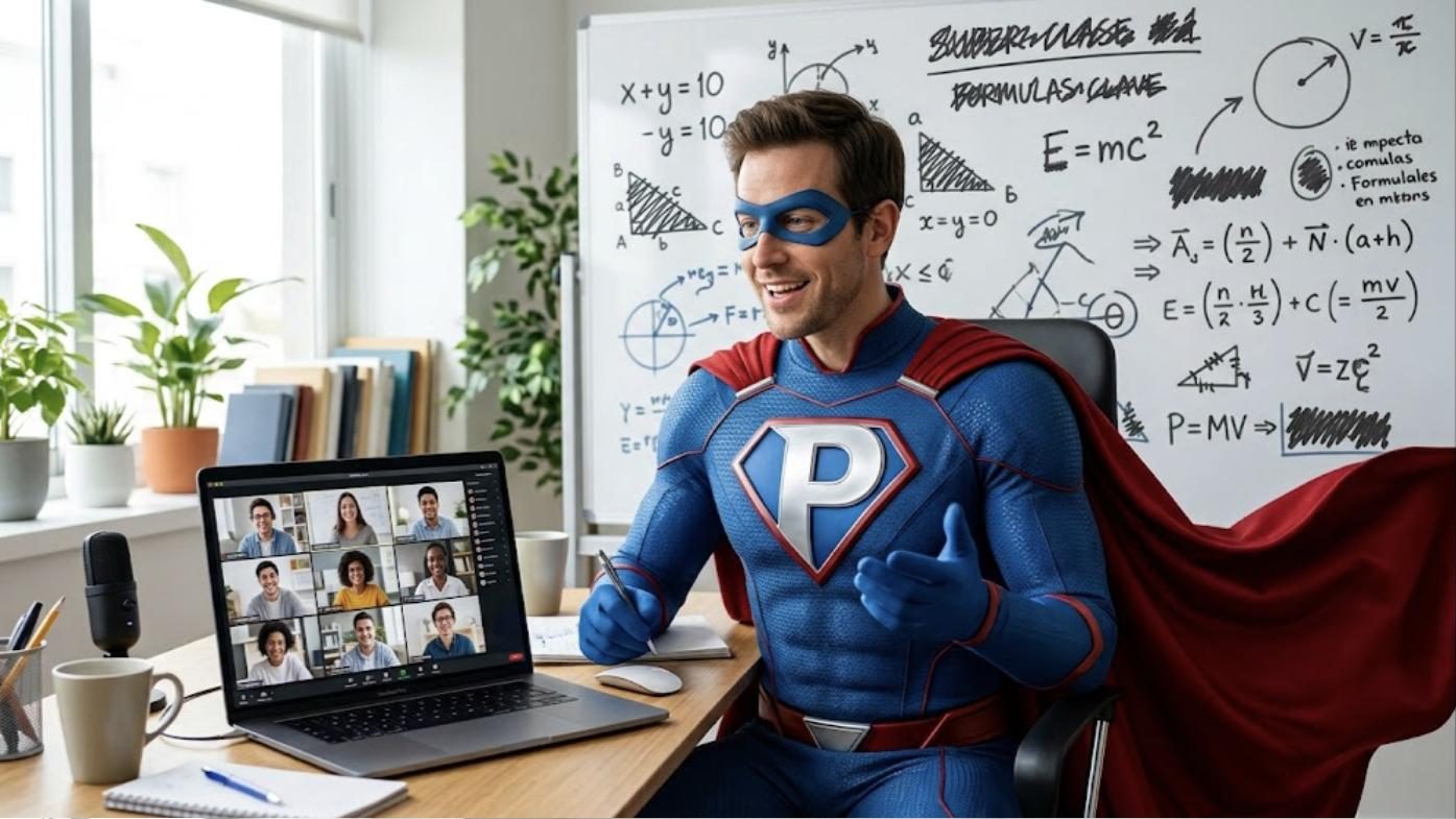 Superhéroe de Patillero con la P en el pecho dando clases particulares online con una pizarra