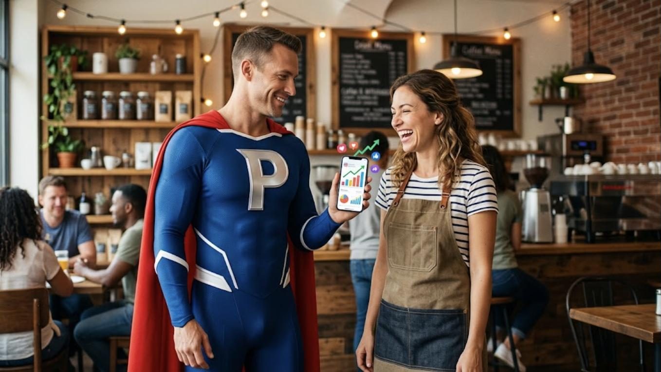 Superhéroe de Patillero con la P en el pecho enseñando resultados de redes sociales a una clienta