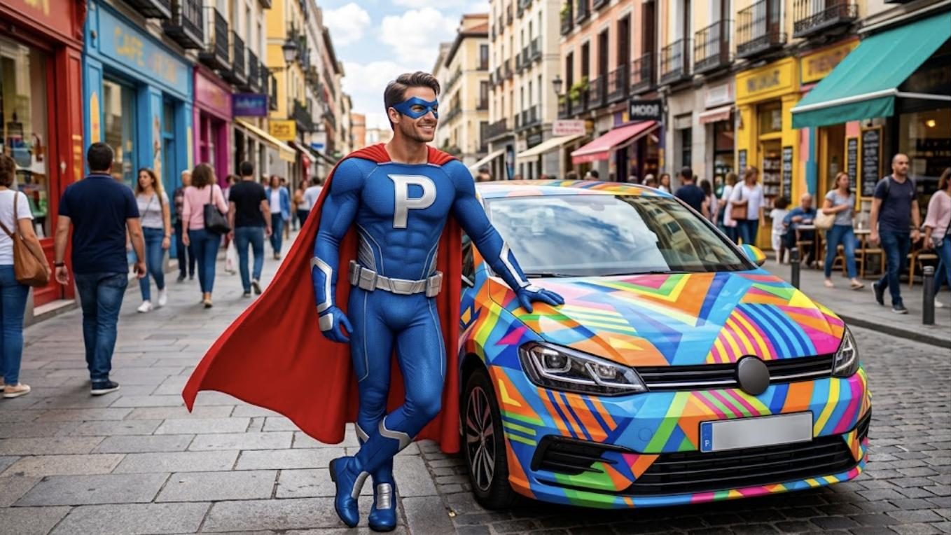 Superhéroe de Patillero con la P en el pecho junto a un coche rotulado con publicidad