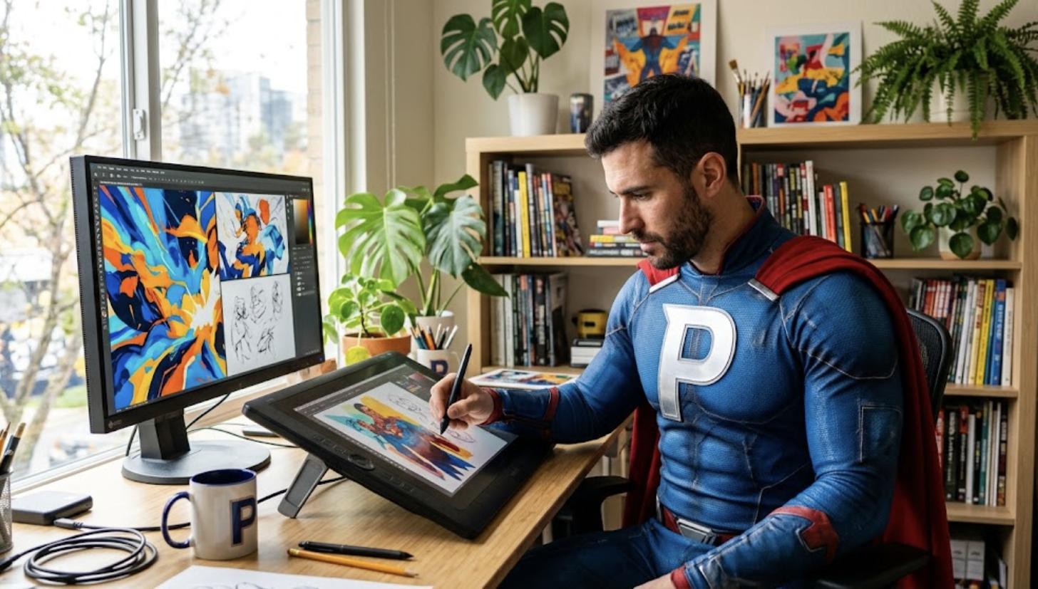 Superhéroe de Patillero con la P en el pecho creando arte digital con una tableta gráfica en su estudio