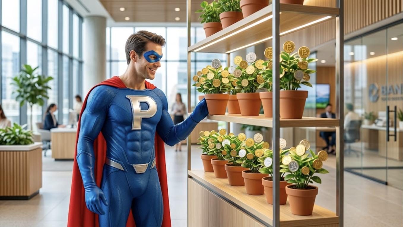 Superhéroe de Patillero con la P en el pecho viendo crecer sus ahorros en cuentas remuneradas