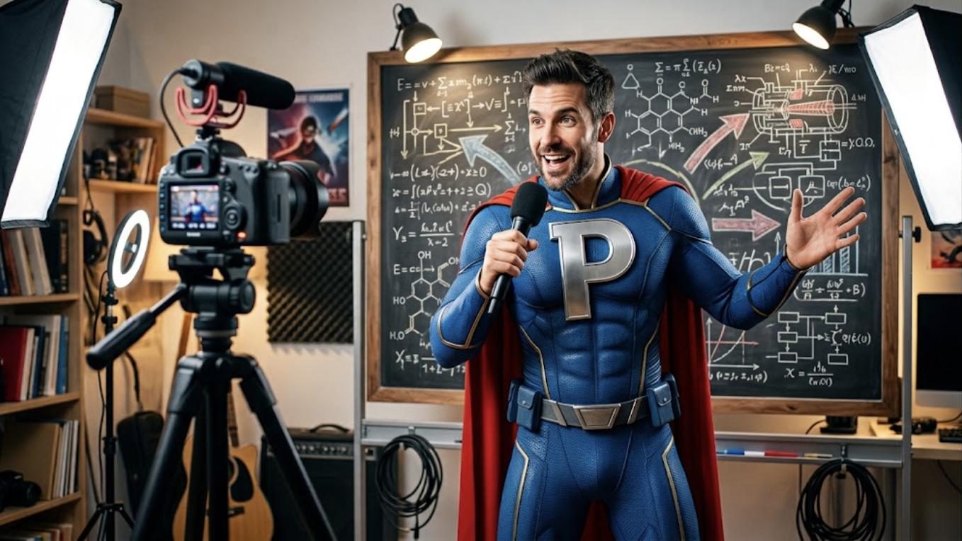 Superhéroe de Patillero con la P en el pecho grabando su curso online en un estudio casero