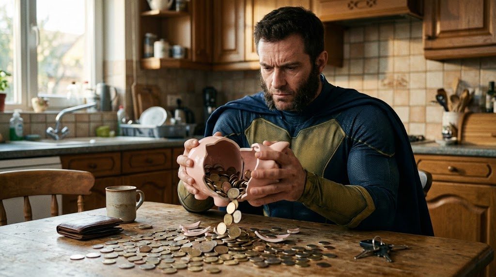Superhéroe vaciando una hucha de cerdito con monedas de euro