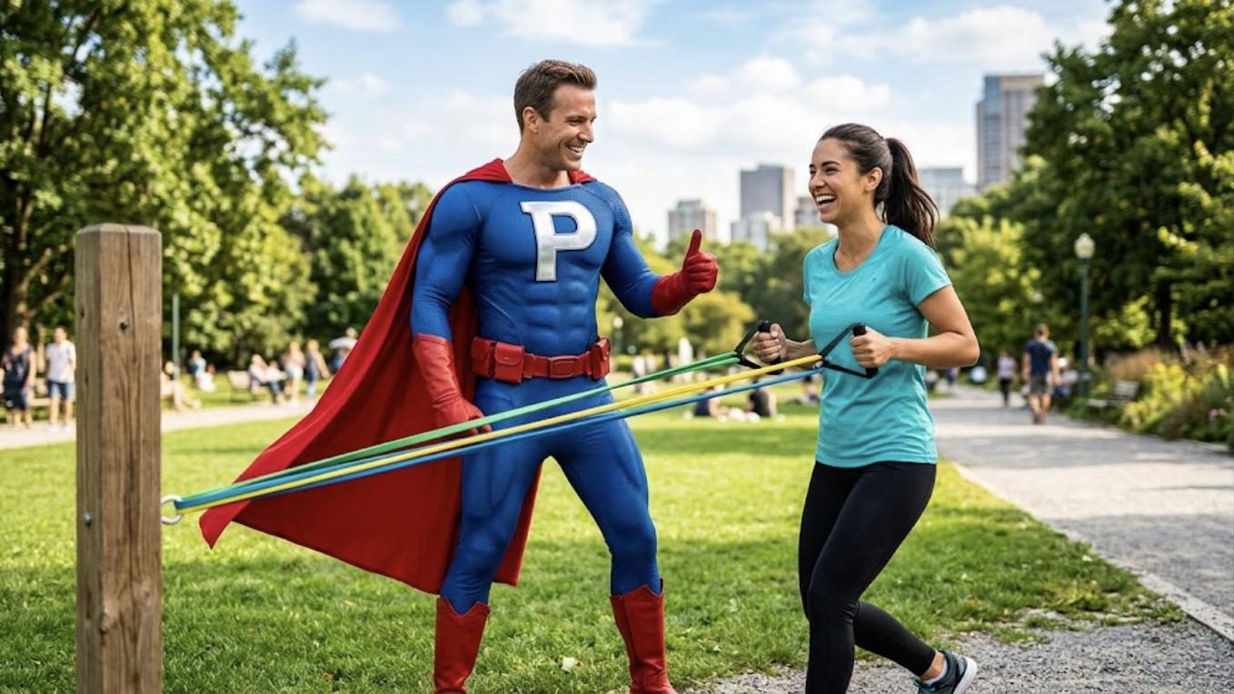Superhéroe de Patillero con la P en el pecho entrenando a un cliente en el parque