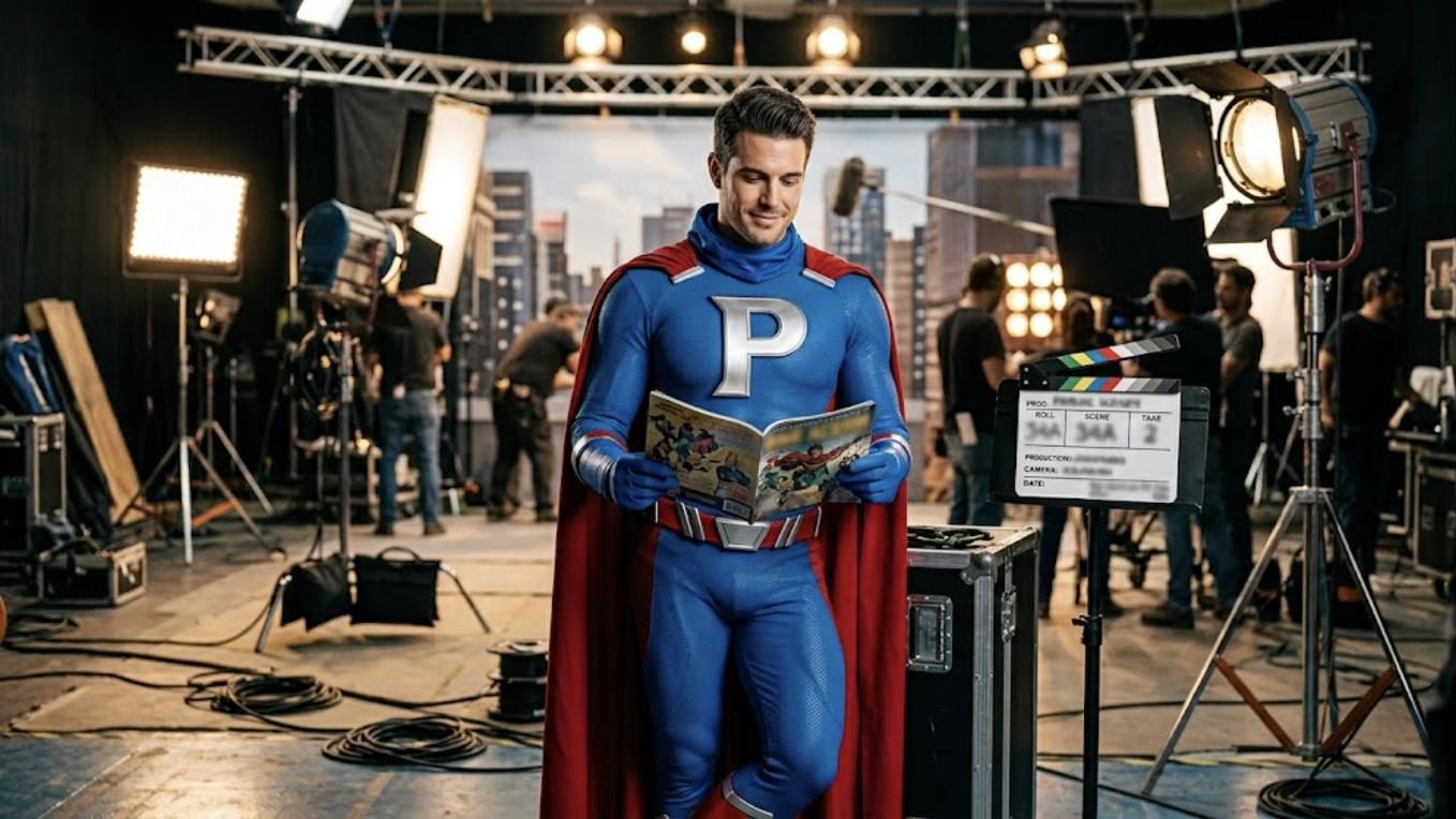 Superhéroe de Patillero con la P en el pecho como extra en un set de rodaje