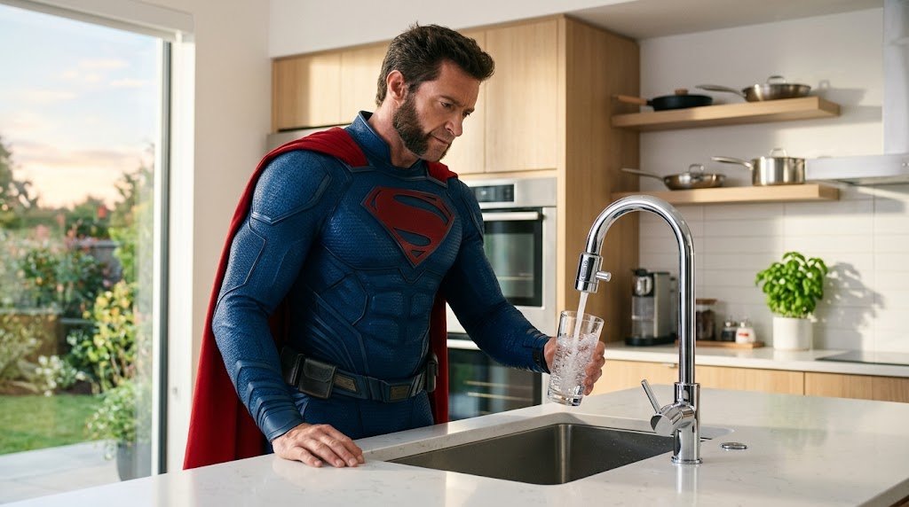 Superhéroe llenando un vaso de agua filtrada en el grifo de la cocina