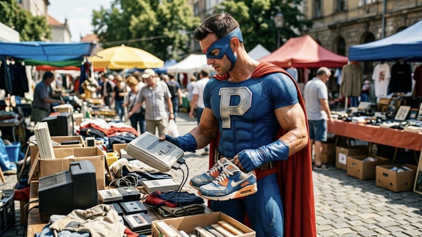 Superhéroe de Patillero con la P en el pecho buscando gangas para revender