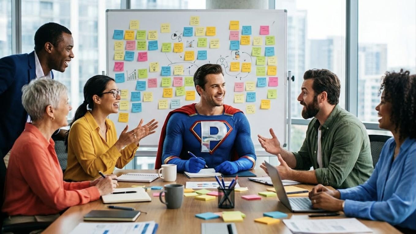 Superhéroe de Patillero con la P en el pecho participando en un focus group remunerado