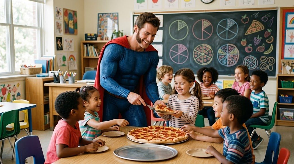 Superhéroe profesor con patillas repartiendo trozos de pizza para explicar las fracciones a los niños
