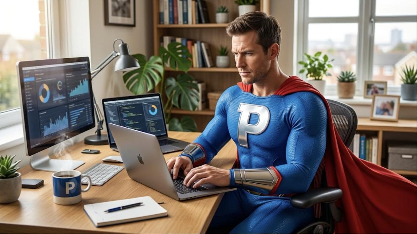Superhéroe de Patillero con la P en el pecho trabajando como freelance desde casa