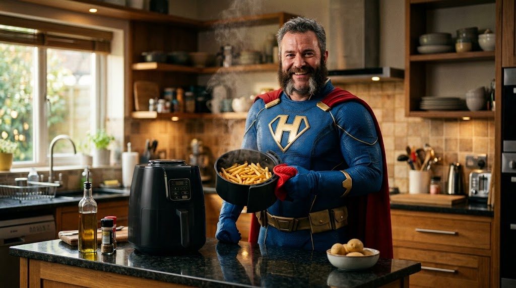 Superhéroe cocinando con una freidora de aire en la cocina