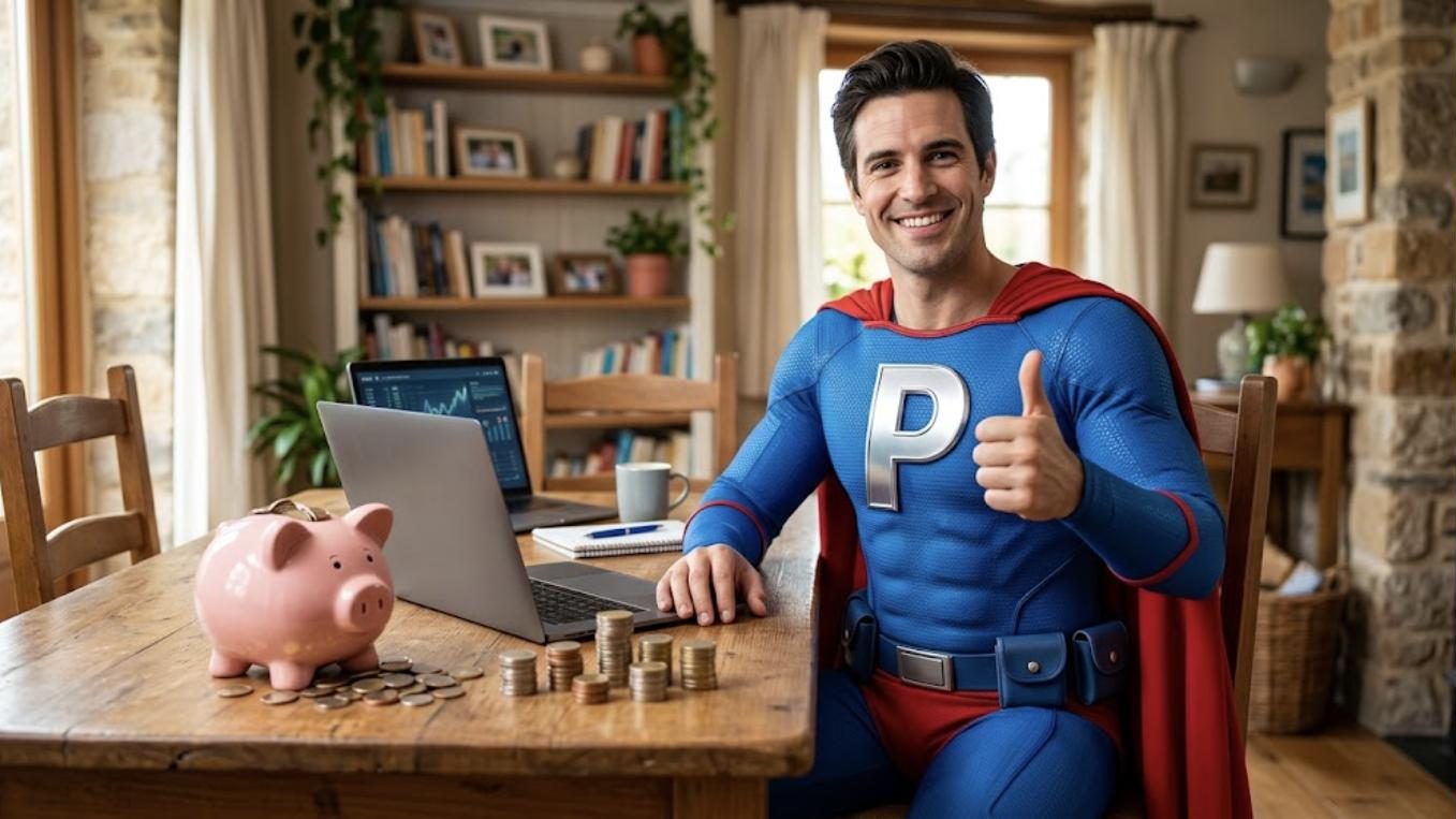 Superhéroe de Patillero con la P en el pecho en una mesa con portátil, hucha de cerdito y monedas, celebrando un ingreso extra