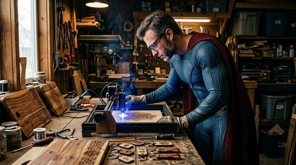 Superhéroe con patillas grabando madera con un grabador láser en su taller casero