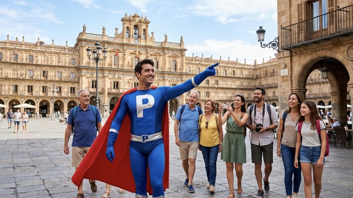 Superhéroe de Patillero con la P en el pecho guiando a turistas por su ciudad