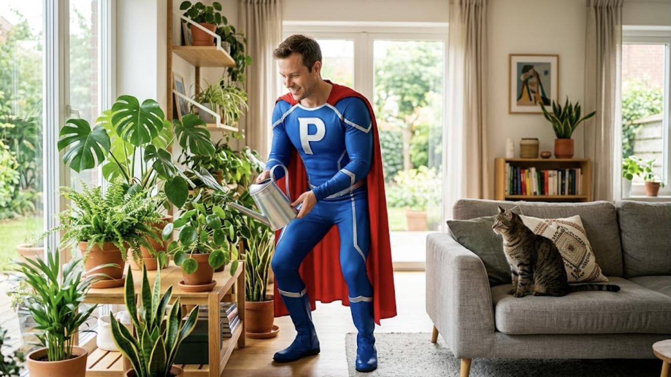 Superhéroe de Patillero con la P en el pecho cuidando una casa y regando las plantas