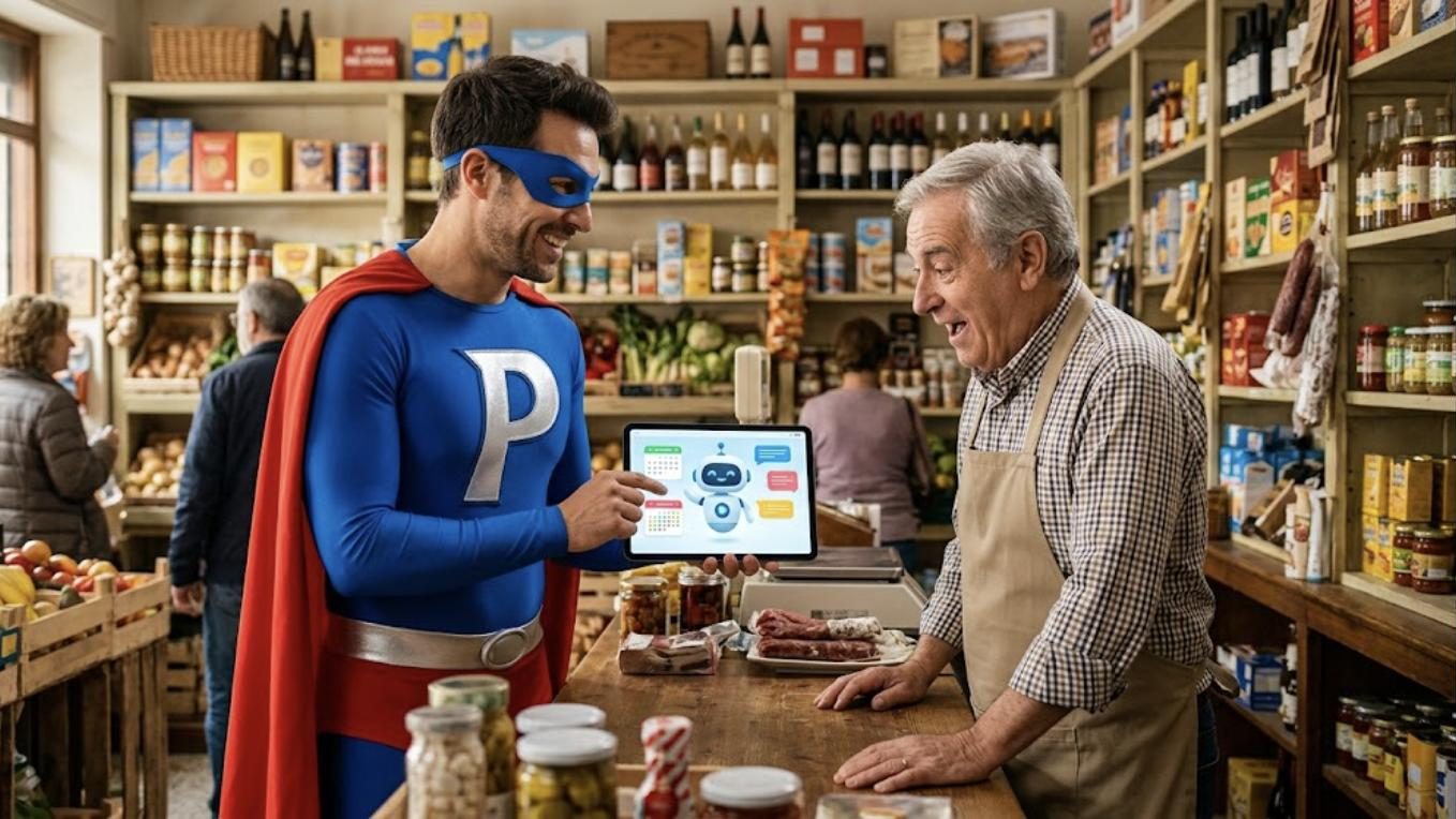 Superhéroe de Patillero con la P en el pecho montando automatizaciones con IA para una pyme