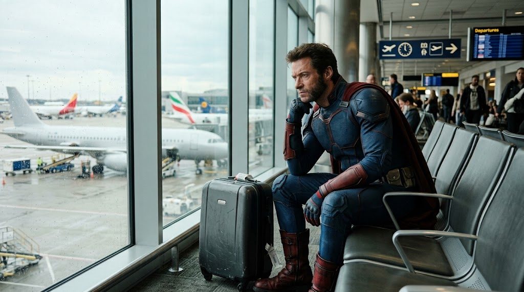 Superhéroe esperando en el aeropuerto un vuelo retrasado con su maleta
