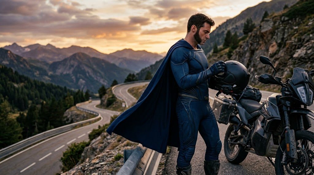 Superhéroe con patillas colocando un intercomunicador bluetooth en su casco de moto junto a una carretera de montaña