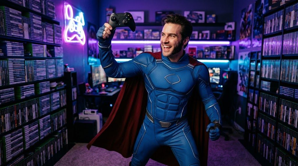 Superhéroe con mando de consola y videojuegos baratos