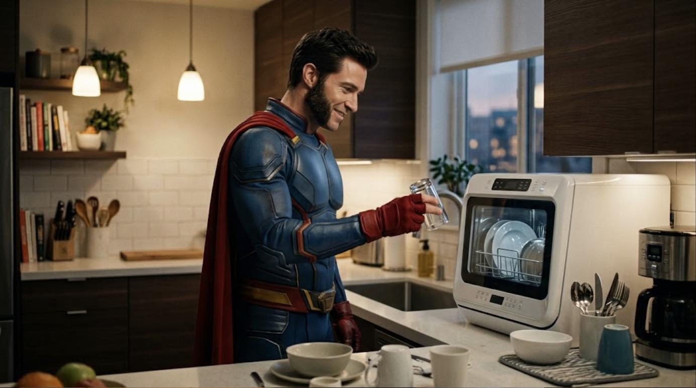 Superhéroe de Patillero usando un lavavajillas portátil de sobremesa en una cocina pequeña