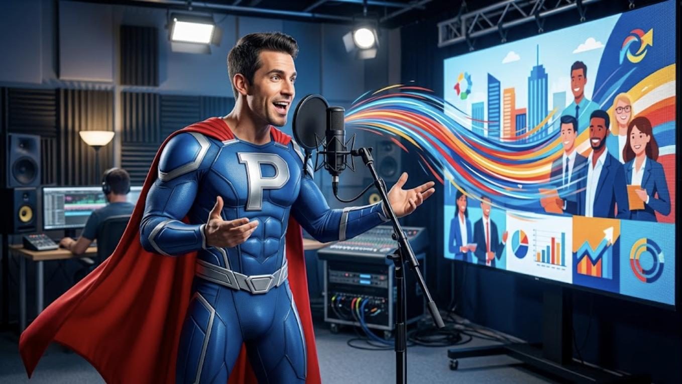 Superhéroe de Patillero con la P en el pecho grabando locuciones con su voz