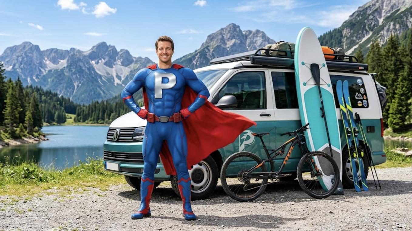 Superhéroe de Patillero con la P en el pecho con material deportivo para alquilar