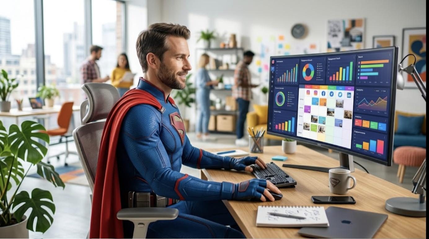 Superhéroe gestionando redes sociales con un panel de estadísticas y calendario de publicaciones estilo Metricool