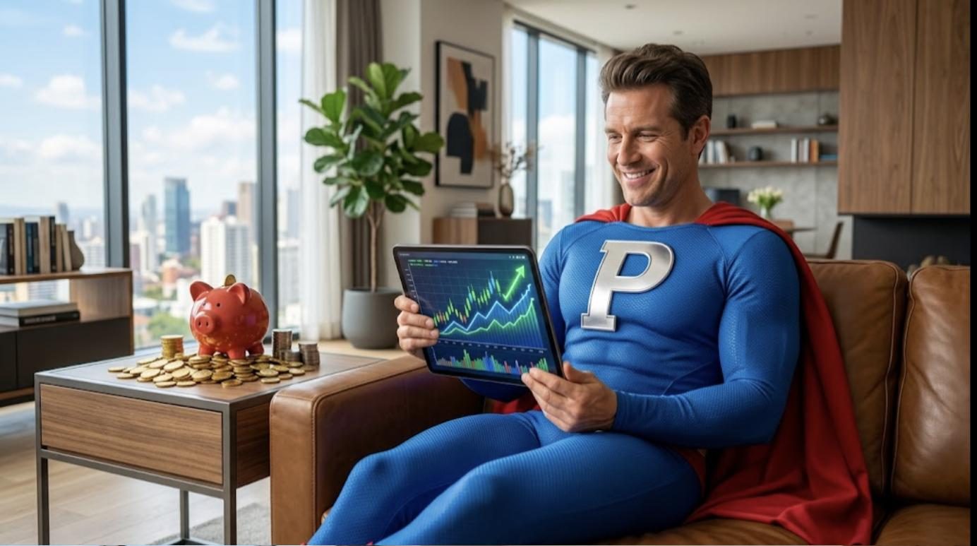 Superhéroe de Patillero con la P en el pecho revisando sus inversiones en una tablet junto a una hucha con monedas