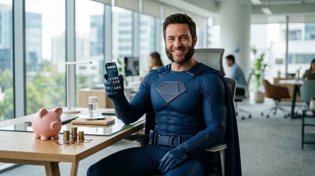 Superhéroe consultando su banca digital con gráfica ascendente y hucha