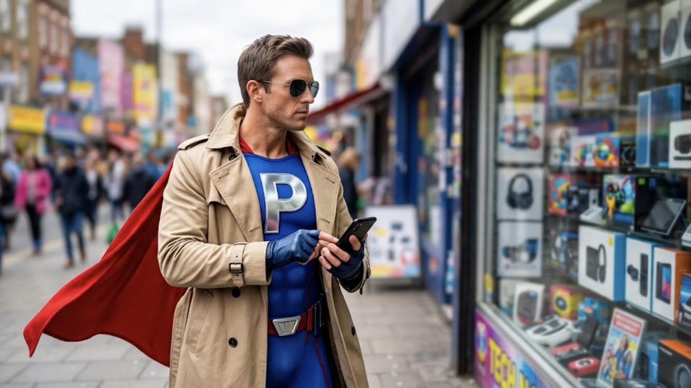 Superhéroe de Patillero con la P en el pecho haciendo de mystery shopper de incógnito