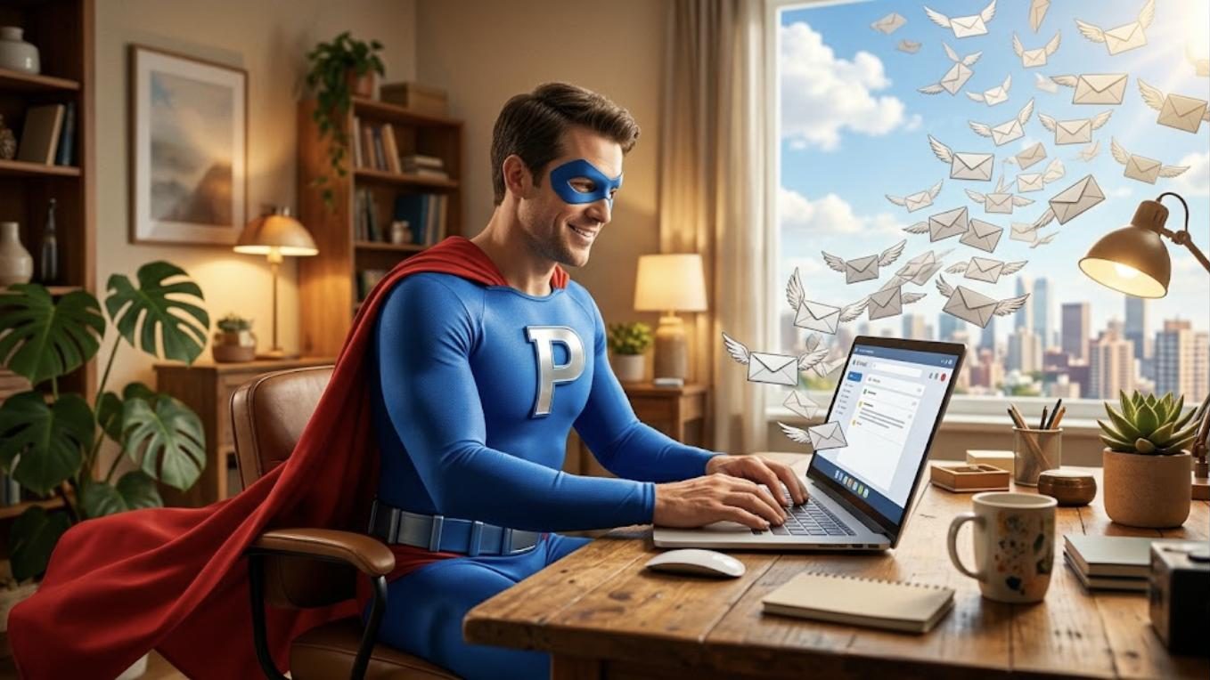 Superhéroe de Patillero con la P en el pecho enviando su newsletter a sus suscriptores