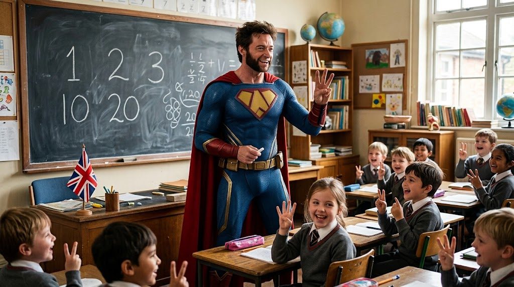 Superhéroe de Patillero enseñando los números en inglés contando con los dedos ante la pizarra