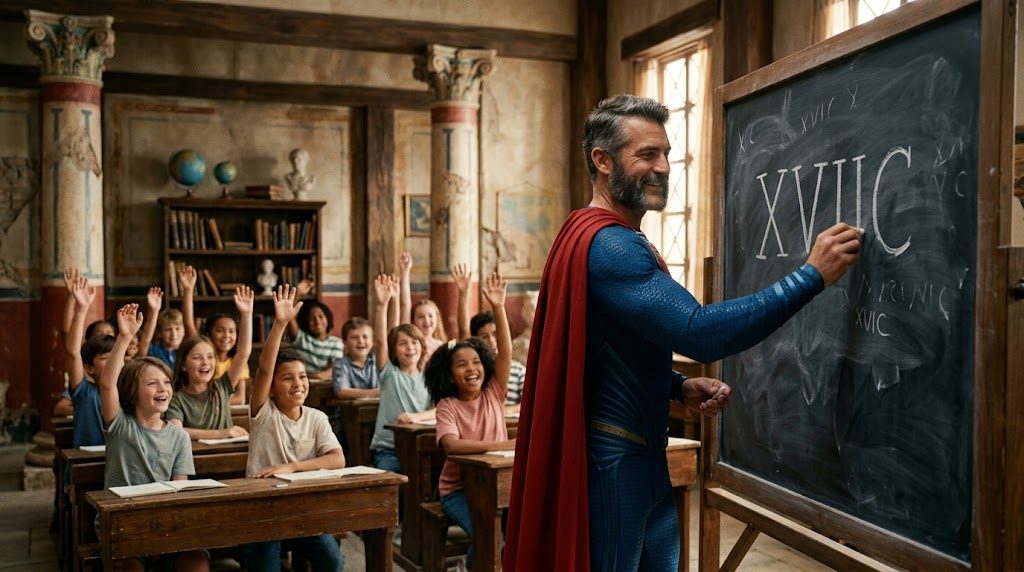 Superhéroe de Patillero enseñando los números romanos en la pizarra de un aula