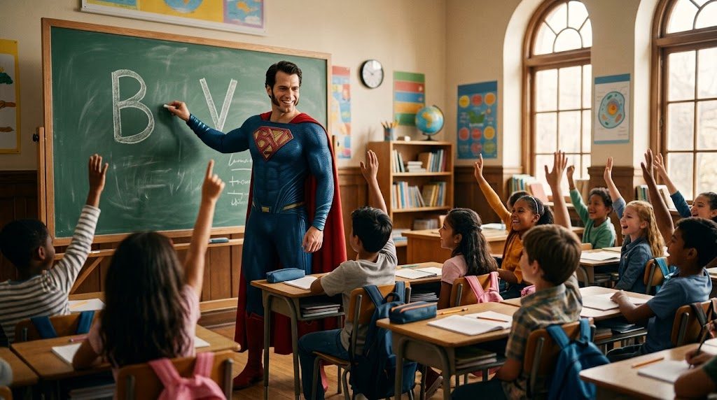 Profesor superhéroe de Patillero enseñando ortografía en la pizarra