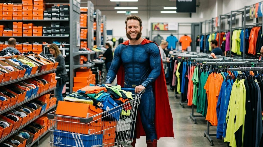 Superhéroe con patillas comprando zapatillas y ropa deportiva barata en una tienda outlet de deporte