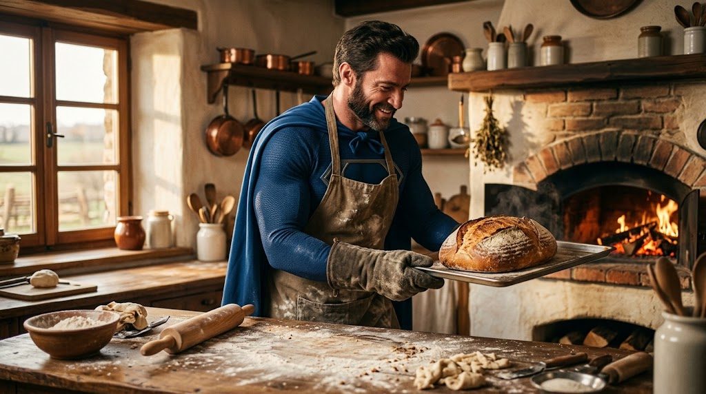 Superhéroe con patillas y delantal sacando pan casero recién horneado del horno
